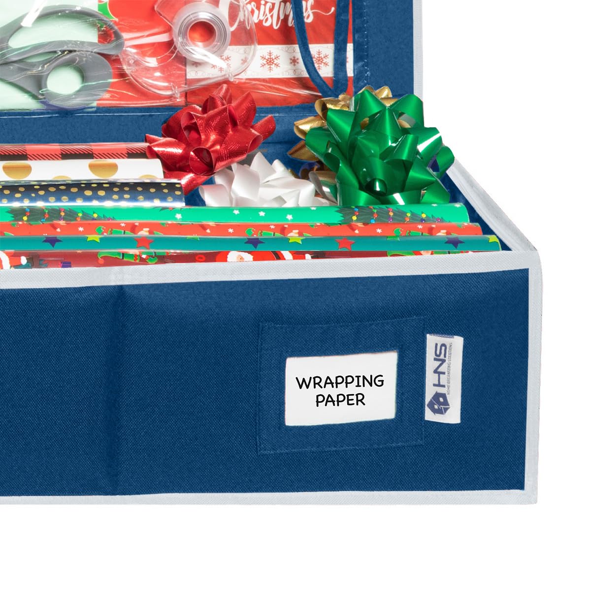 HOLDN’ STORAGE Premium Wrapping Paper Storage Container - Durable 600D Tear-Proof, Fits 27 Rolls Gift Wrap, Extra Pockets for Ribbons & Bows, Underbed Storage - Ideal for Holiday Christmas, Blue