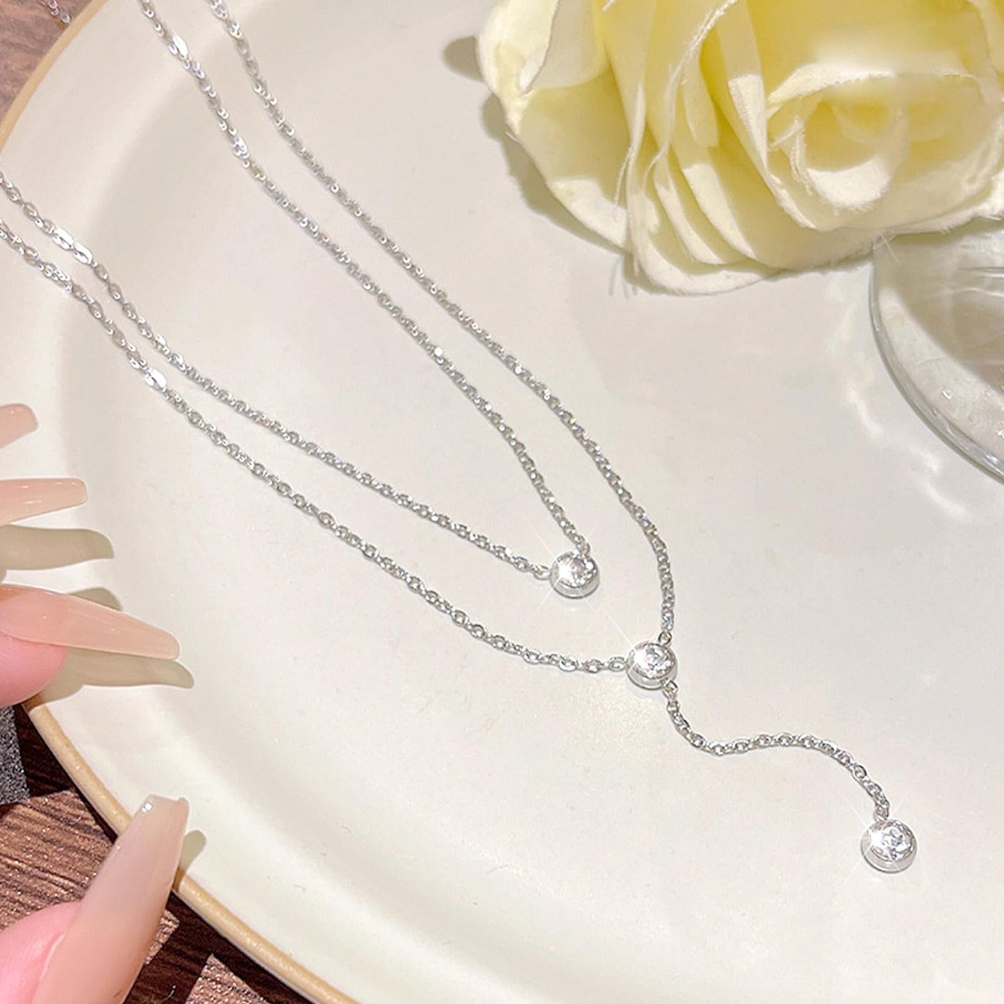Zeffy Long Silver Necklace for Women Dainty Silver Plated Lariat CZ Teardrop Drop Layered Necklace Trendy Simple Silver Jewelry for Women