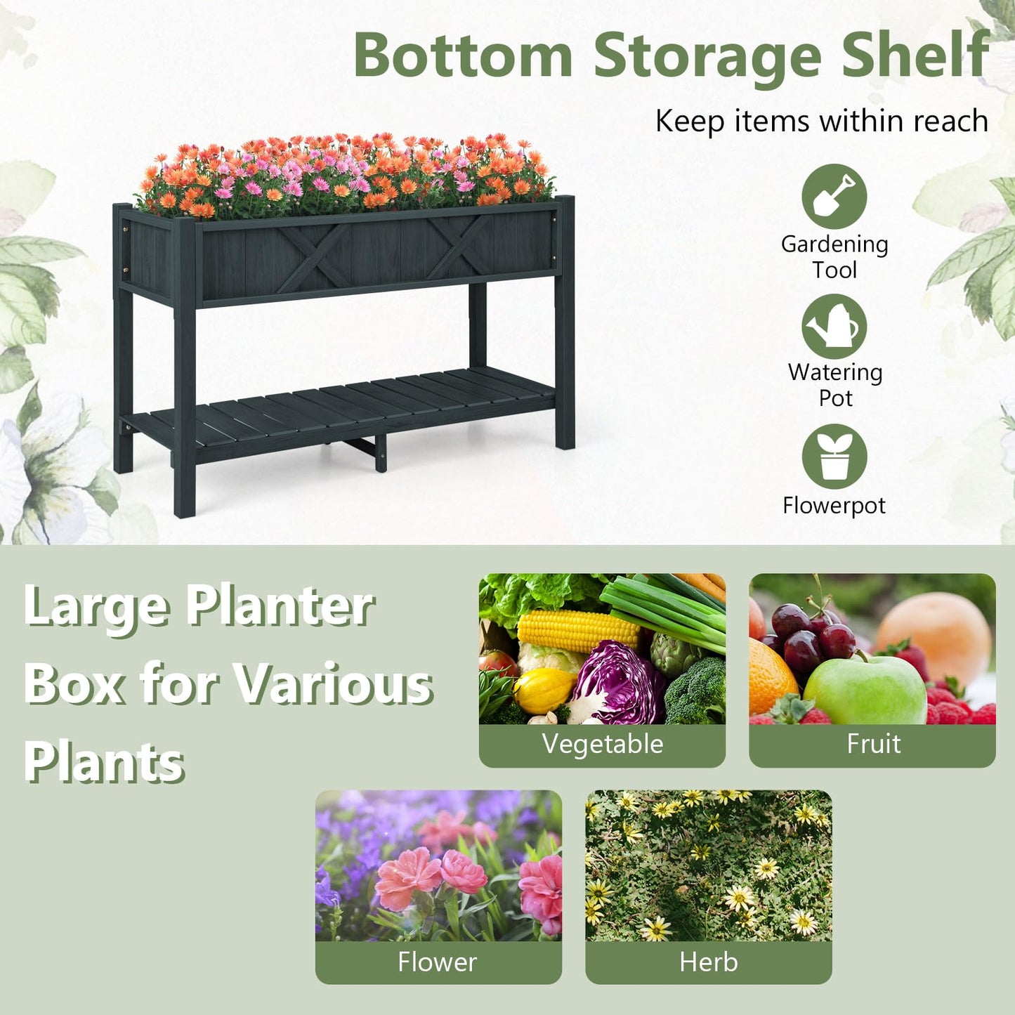 Giantex HIPS Raised Garden Bed, Elevated Planter Box w/Legs, Storage Shelf, Drainage Holes, Weather-Proof Standing Raised Beds for Backyard Balcony Flower Herb (Black, 44" x 18" x 29")