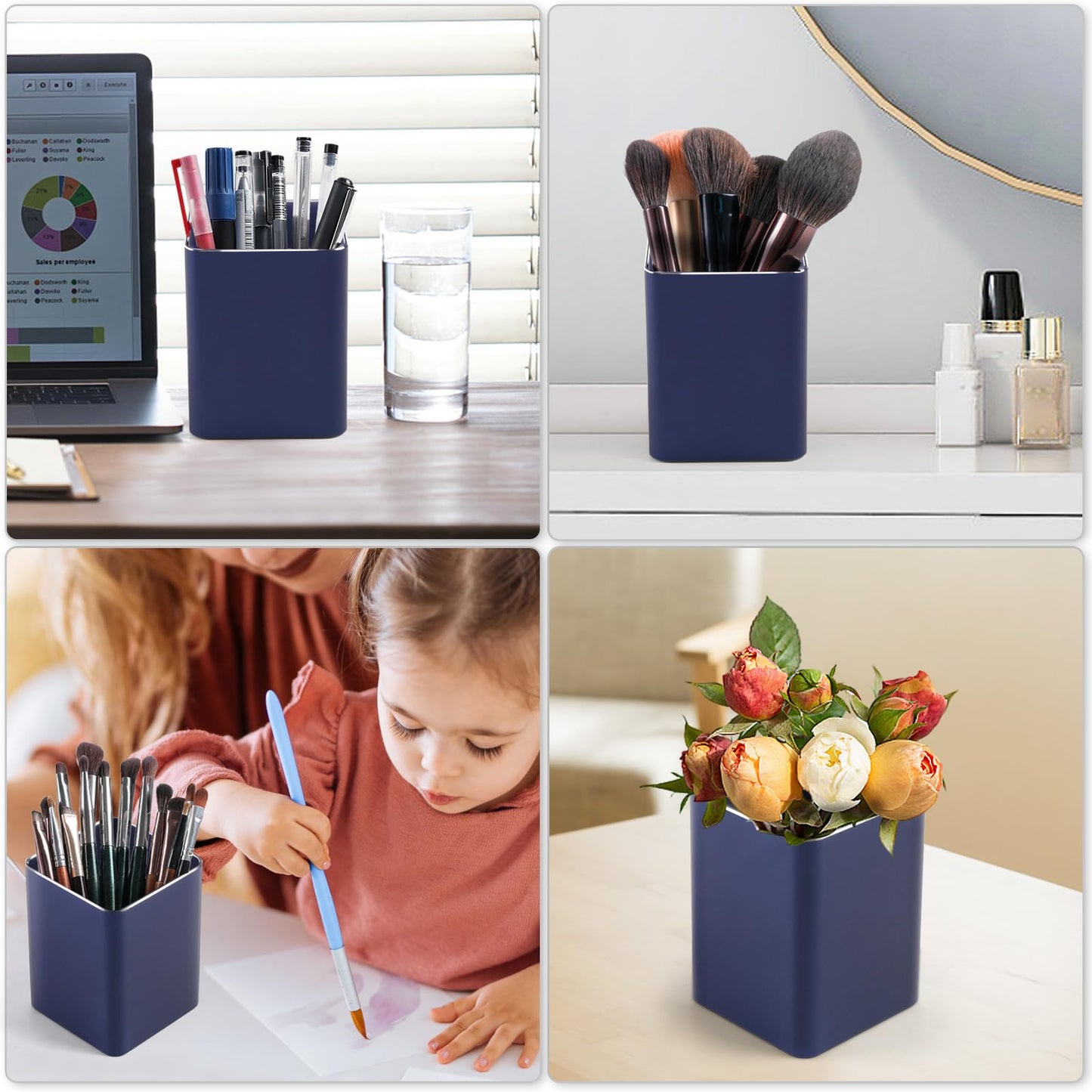 RQB Metal Pen Holder for Desk Square Aluminum Desktop Organizer and Makeup Brush Holder Storage Box for Office, School, Home, and Kids, Non-slip silicone 4×3.15inch (Blue)