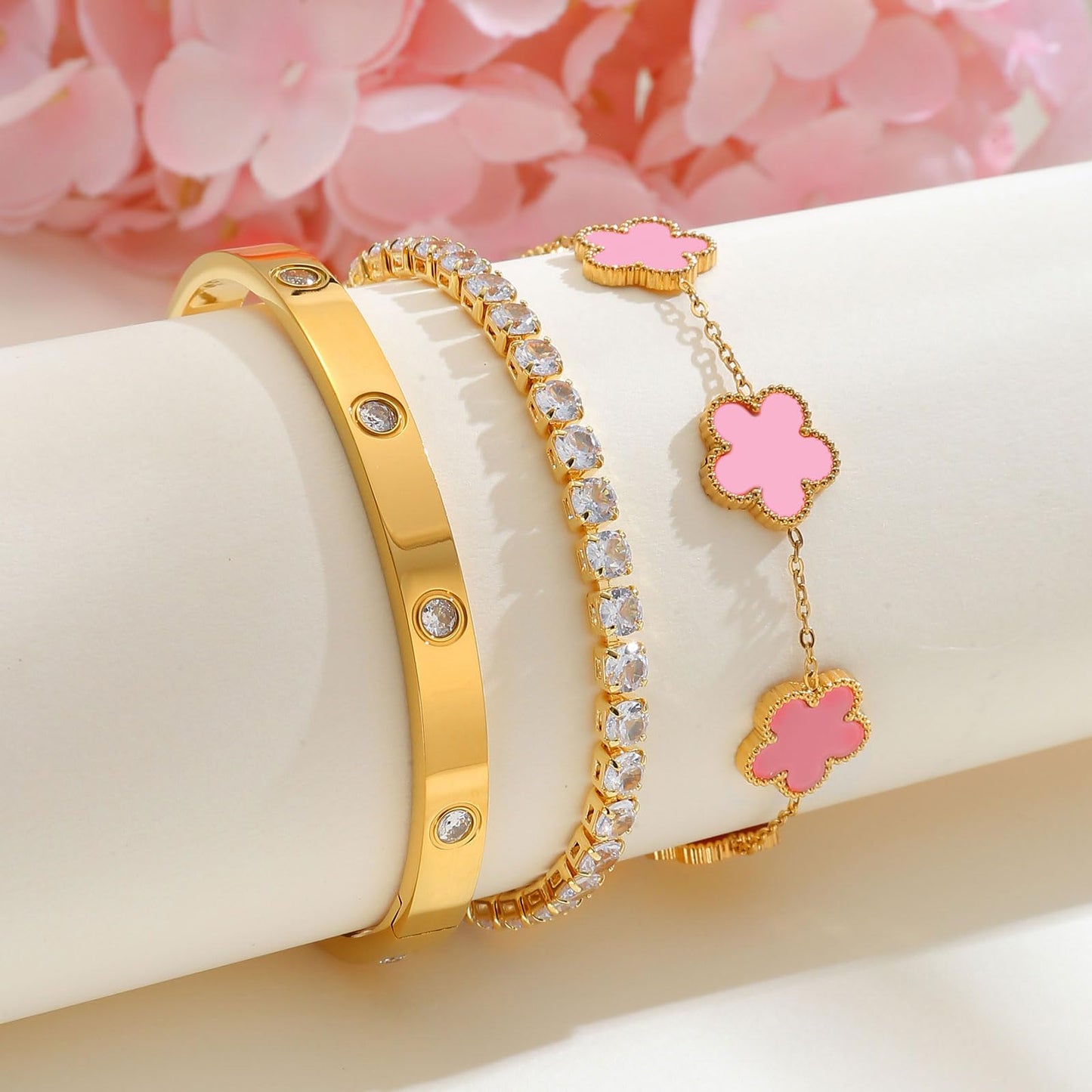 MPRAINBOW Womens Stackable Floral Bracelets, 3Pcs 18K Gold Plated Bracelet,Stainless Steel Bangle Chain Non Tarnish, Bracelet Set Trendy Jewelry,Christmas Valentines Birthday Gift for Girlfriend