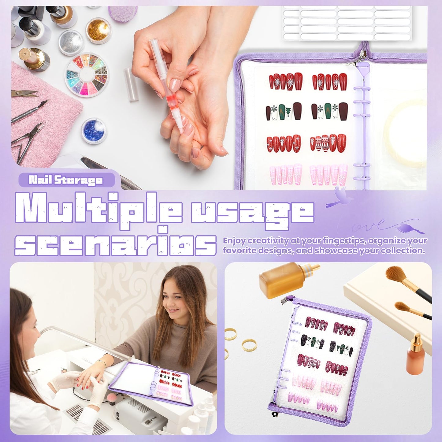 Oskrieel Press on nail storage Nail Storage Book - Portable Versatile Organizer for Press - On Nails, Jewelry and More with 90 Pcs Adhesive Double Sided Tape Purple