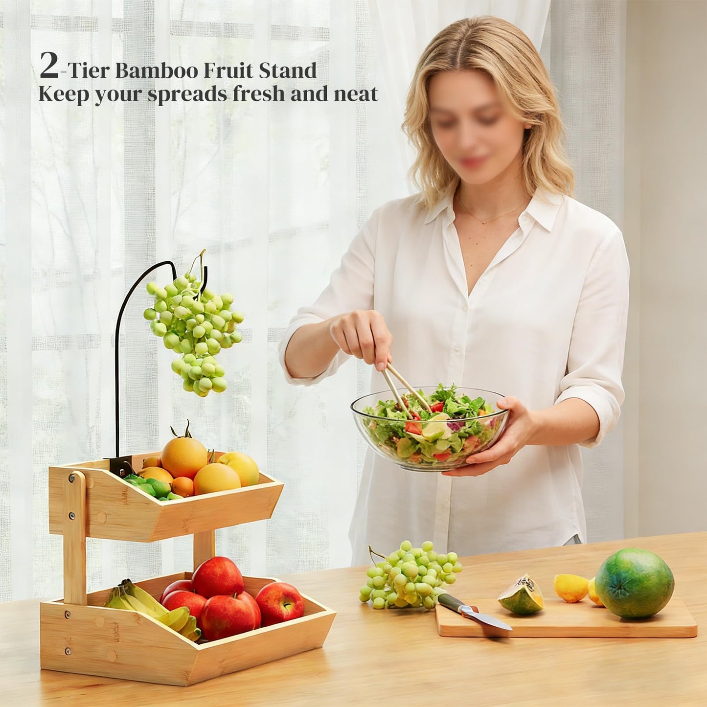 PULIJIAJU Bamboo Fruit Basket, Fruit Holder With Banana Hanger, Fruit Bowl, Kitchen Counter For Fruit and Vegetable Storage, Bread Basket, Snack Organizer Holds (Natural, 2-Tier)
