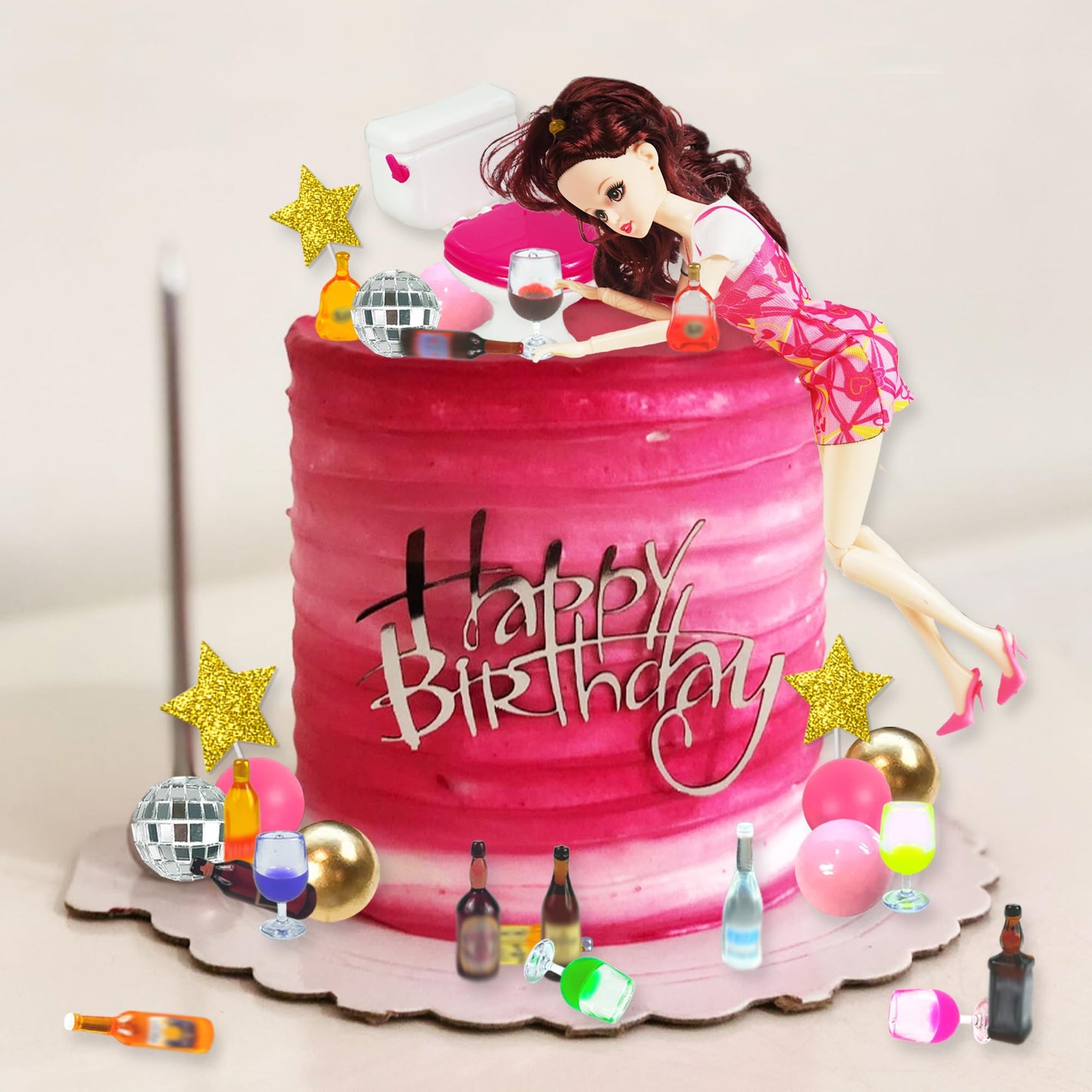 Mini Wine Bottles Cake Toppers With 12 Mini Wine Bottles 5 Mini Wine Glasses 1 Toilet 1 Beauty Doll for Celebrating Birthday Party (Brown)