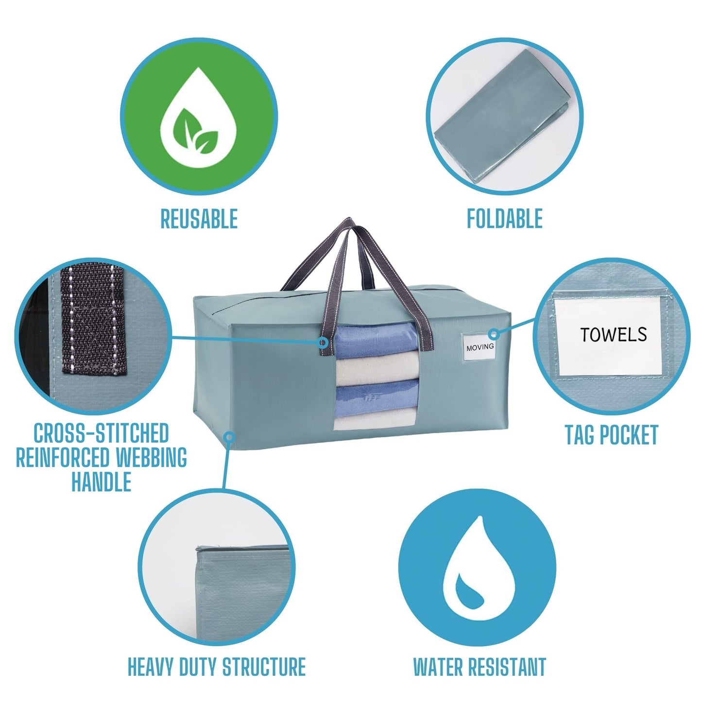 VENO 2 Pack Heavy Duty Moving Bags, Packing Bags with Clear Window, Alternative to Moving Boxes, Storage Bins for Clothes, Blankets, Comforters, College Dorm Essentials (Light Blue Matte, 2 Pack)