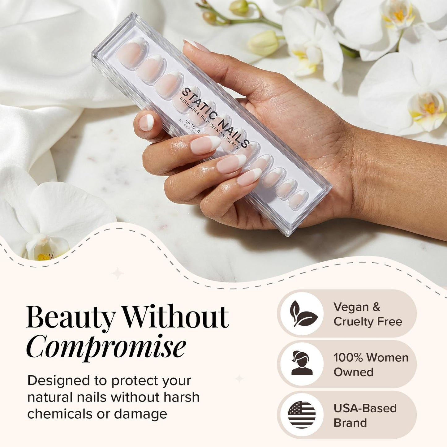 Static Nails Reusable Pop-On Manicure Set - Matte French Almond | Almond Shaped False Nails | Medium Press On Nails | Salon Quality Non-Damaging Acrylic Nails | Fake Nail Kit with Glue