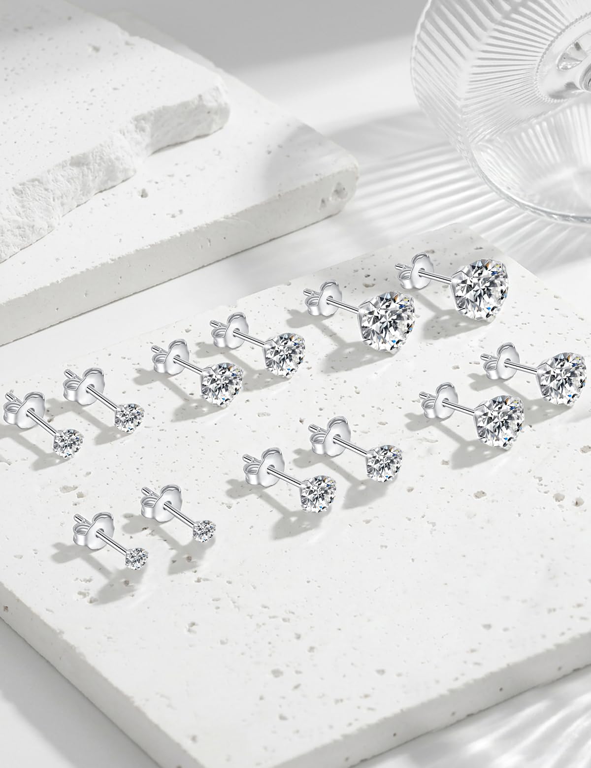 6 Pairs Stud Earrings for Women Men, Hypoallergenic Cubic Zirconia 316L Earrings Surgical Steel Earrings for Sensitive Ears, CZ Cartilage Stud Earrings Set for Multiple Piercing 3-8mm