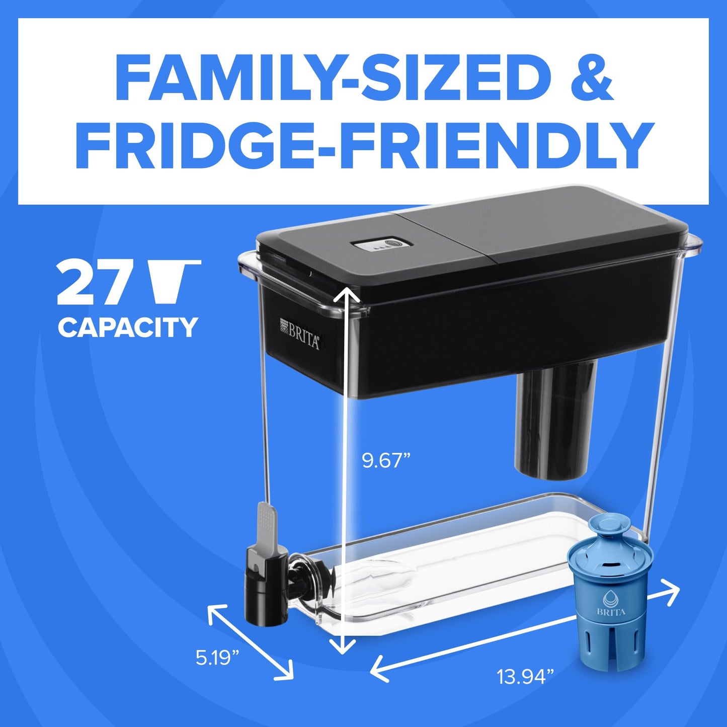 Brita 27 Cup Water Filter Dispenser with Elite Filter, NSF Certified to Remove 99% of Lead, Reduces 30 Contaminants Including Microplastics, Mercury & Chlorine, SmartLight Indicator, BPA-Free, Black