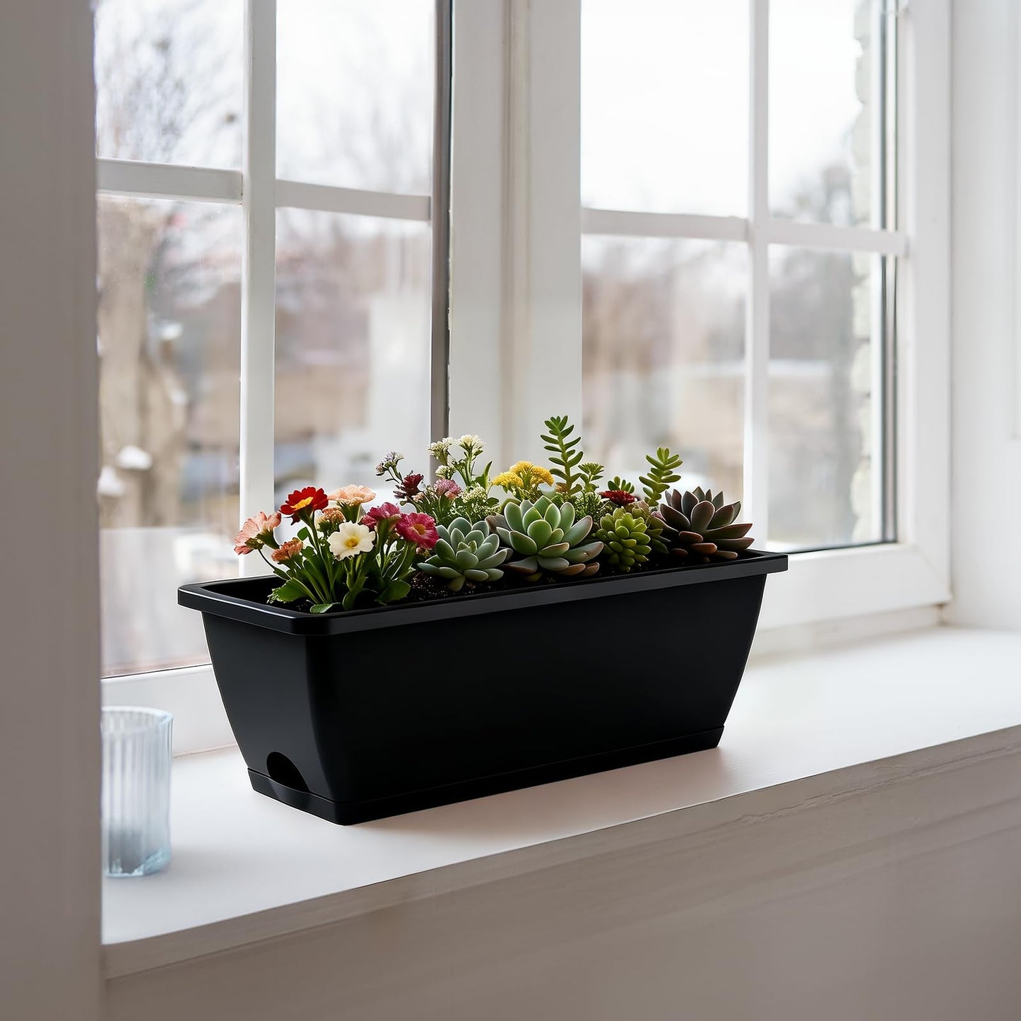 FANSXIVITA Rectangle Planters Box, 4 Pack Deck Hanging Planters for Railings, Window Box Planter with Drainage Holes & Trays, 16.9 Inch Balcony Planters Railing Hanging with Metal Brackets, Black