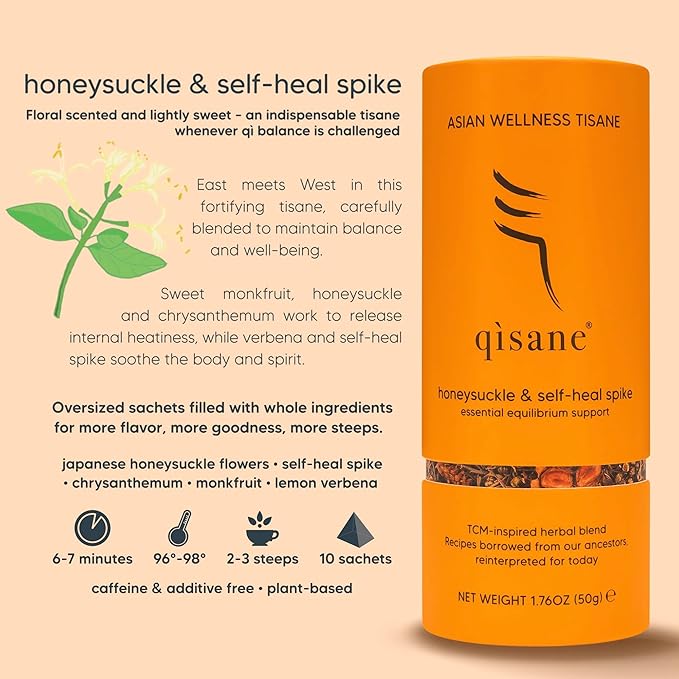 qìsane Honeysuckle Tea with Chinese Medicinal Plants - Dried Honeysuckle Flowers, Self Heal Spike, Lemon Verbena & Monkfruit to Help Support Detox & Ease Discomfort - 10 sachets (~30 cups)