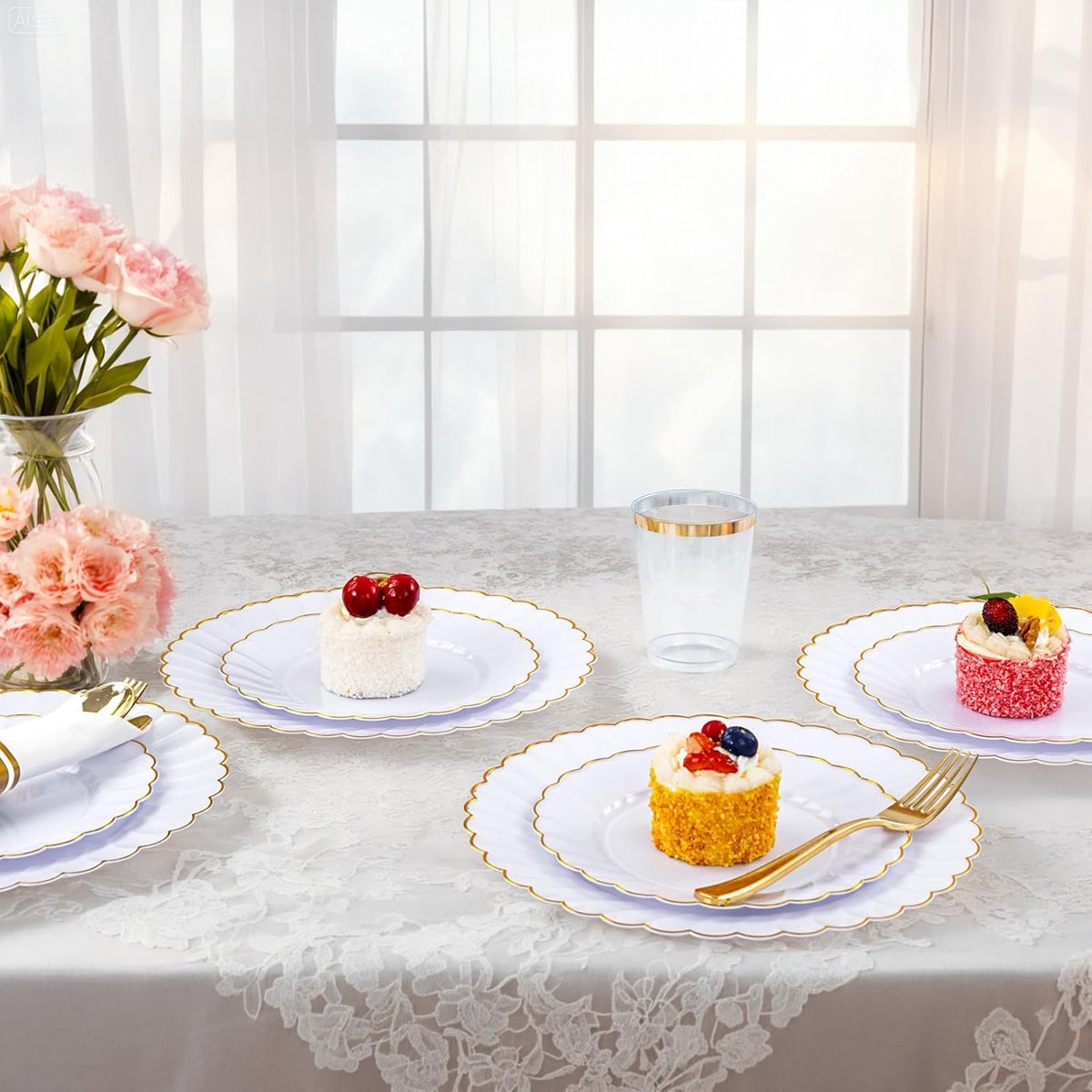 YOUBET 350PCS Gold Scalloped Plastic Plates - White and Gold Disposable Dinnerware Set Include 100 Plates, 150 Gold Silverware, 50 Cups, 50 Napkins for Wedding & Party & Thanksgiving