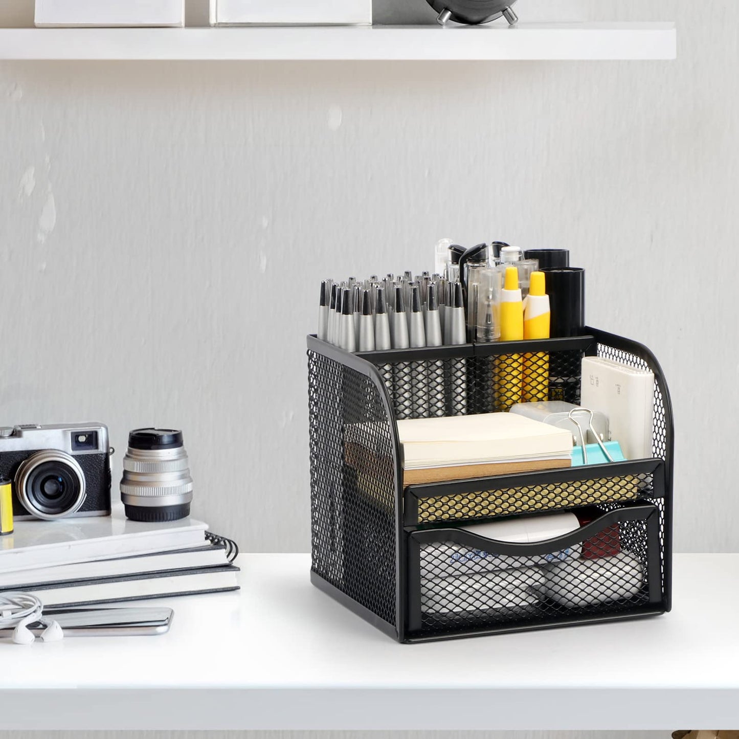 BiSiViO Mesh Desk Organizer, Metal Pencil Holder, Pen Holder for Desk with Drawer, Desktop Accessories, Multi-functional Caddy Pen Organizers with 3 Compartments for Office Art Supplies - Black