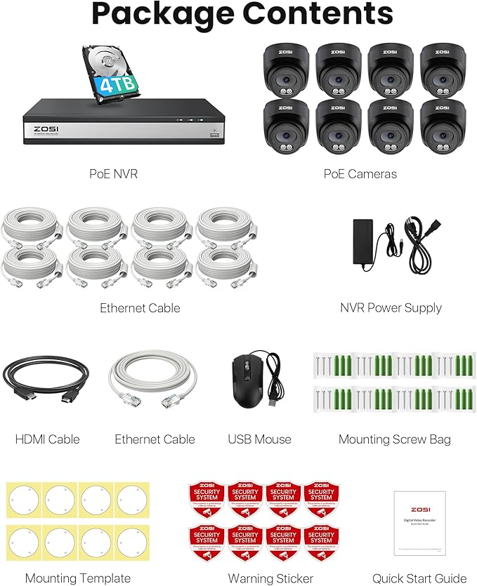 ZOSI C220 16CH 4K PoE Home Security Camera System, 16 Channel 4K 8MP NVR with 4TB HDD for 24/7 Record, 8 x 4MP(1440p) QHD 2.5K Dome IP Cameras Outdoor Indoor, Smart AI Human Detection, Two-Way Audio