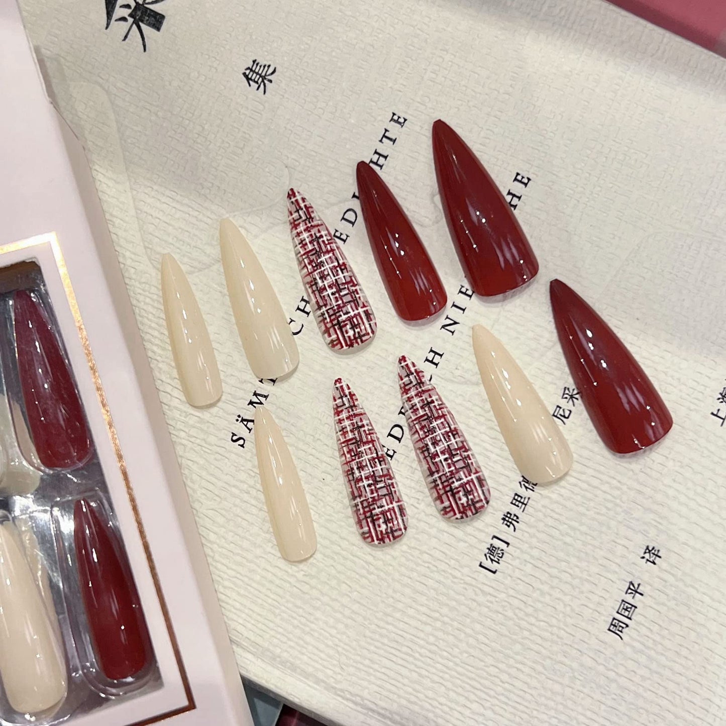 Solid Color Long Pointed Press on Nails, 30 PCS Fashion Glossy False Nails Fake Nails with 3D Embossing Plaid Designs,Full Cover Stick on Nails for Women Girls (Milk White+Red)