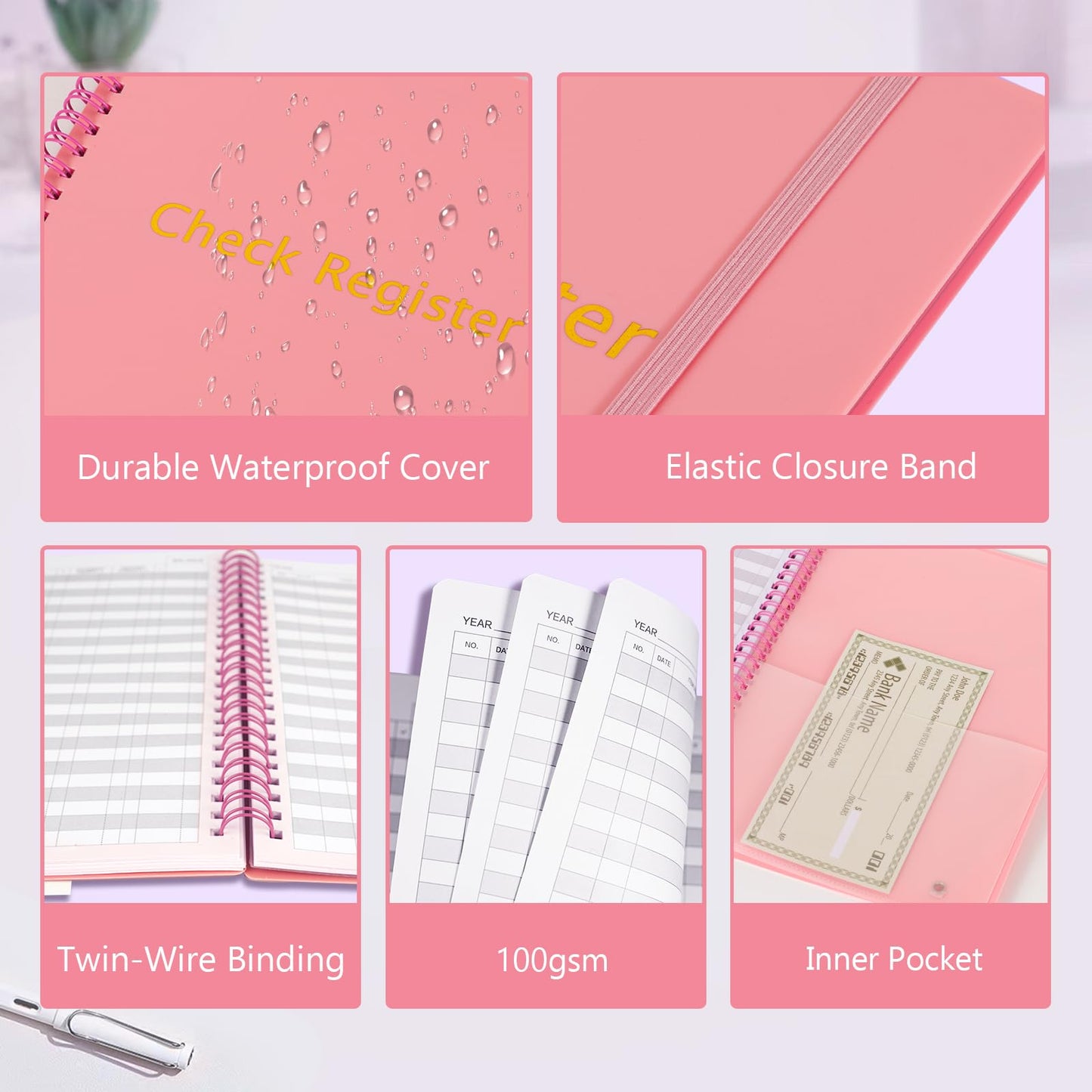Check Registers for Personal Checkbook, Spiral Large Check Register Book, Budget Planner with Check Register for Personal and Work, 7.5'' x 10'' - Pink