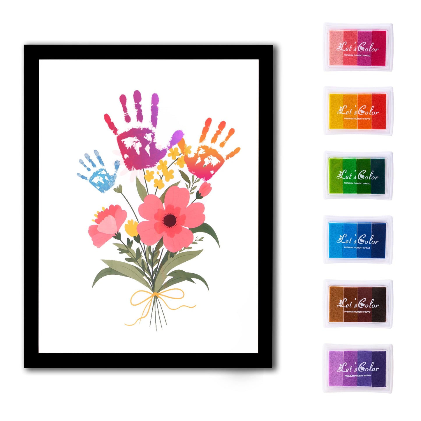 CHERRY CHEERS Flower Bouquet Handprint Art Kit, 3 Special Unique Sheets with Floral Design, DIY Keepsake Craft Gift, Meaningful Christmas or Thanksgiving Gift, 6 Colors Non-Toxic Inkpads (Black)