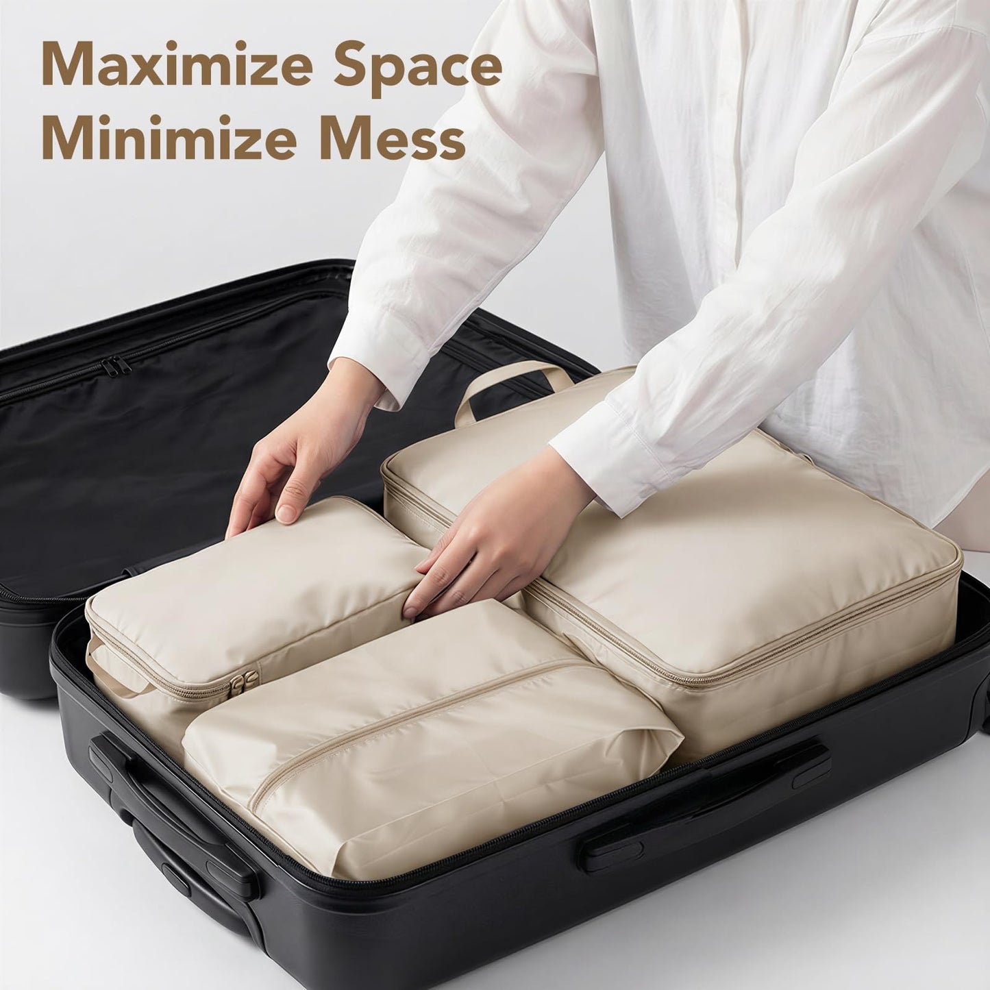 Packing Cubes for Travel,Space-Saving & Stylish Minimalist Design Lightweight,Traval Organizer Bags for Luggage,Compression Packing Cubes Set 4 - Gifts for Women Beige