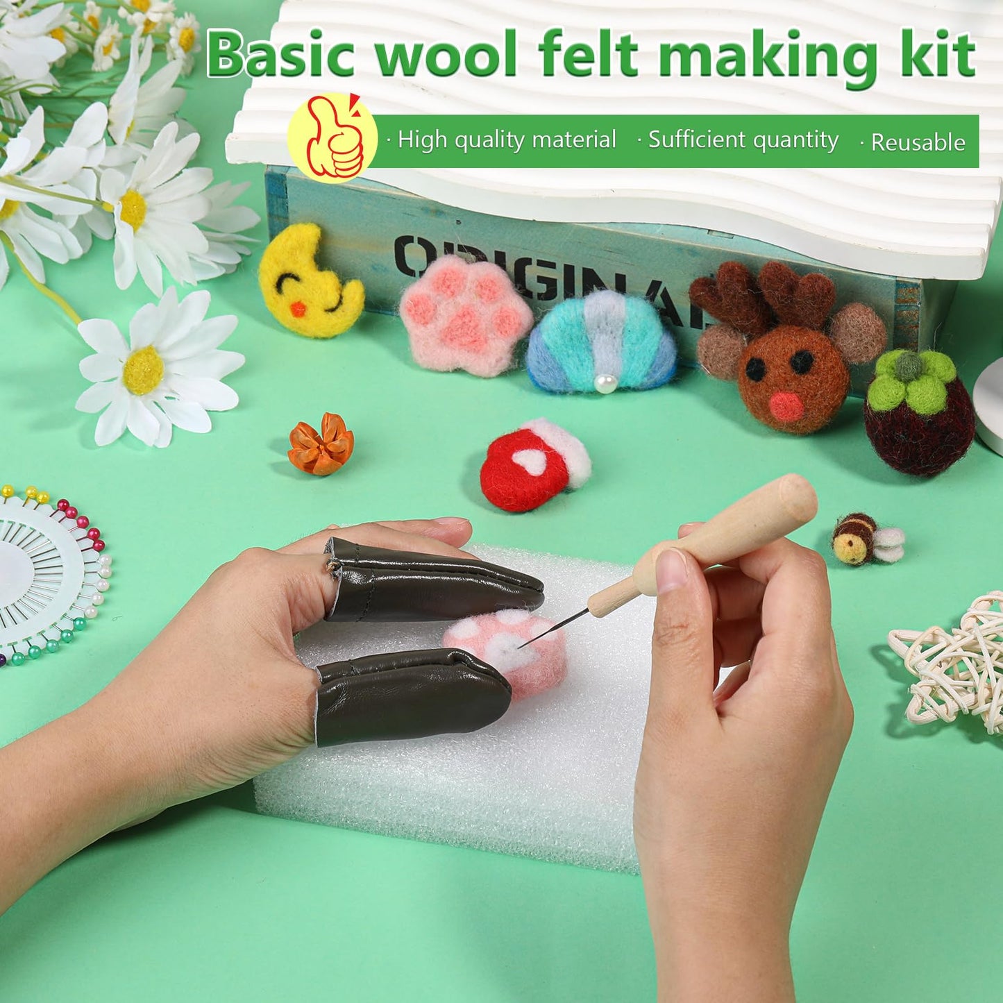IMZAY Needle Felting Tools, Wool Felting Supplies, Needle Felting Kit with 60 Pcs Needles, Foam Mat, Wooden Handle, Scissors, Perfect for DIY Felting Wool Projects