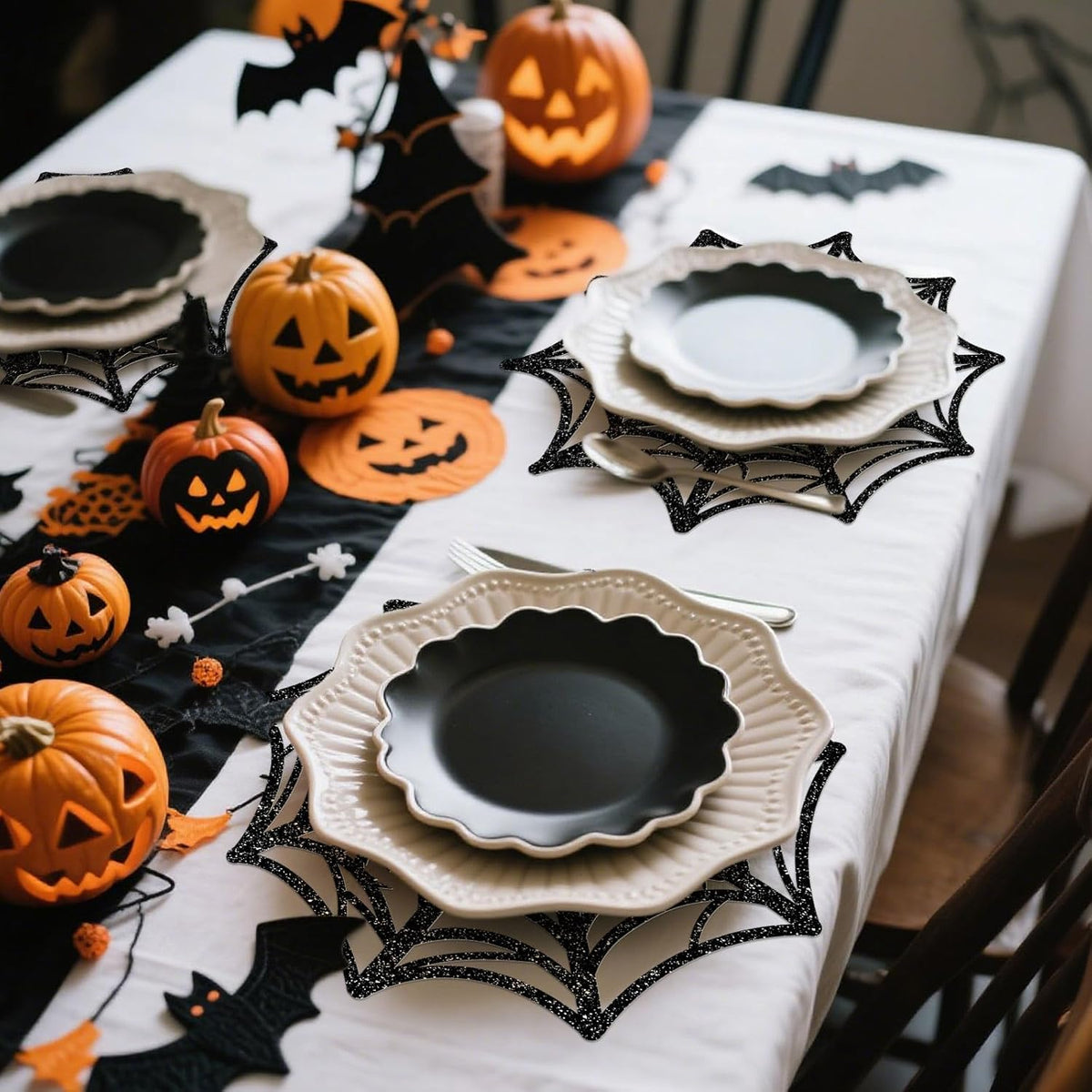 60Pcs Halloween Disposable Paper Placemats Glitter Black Spider Web Dining Table Mat Place Mats for Trick or Treat Party Home Table Setting, 13 x 13 Inch