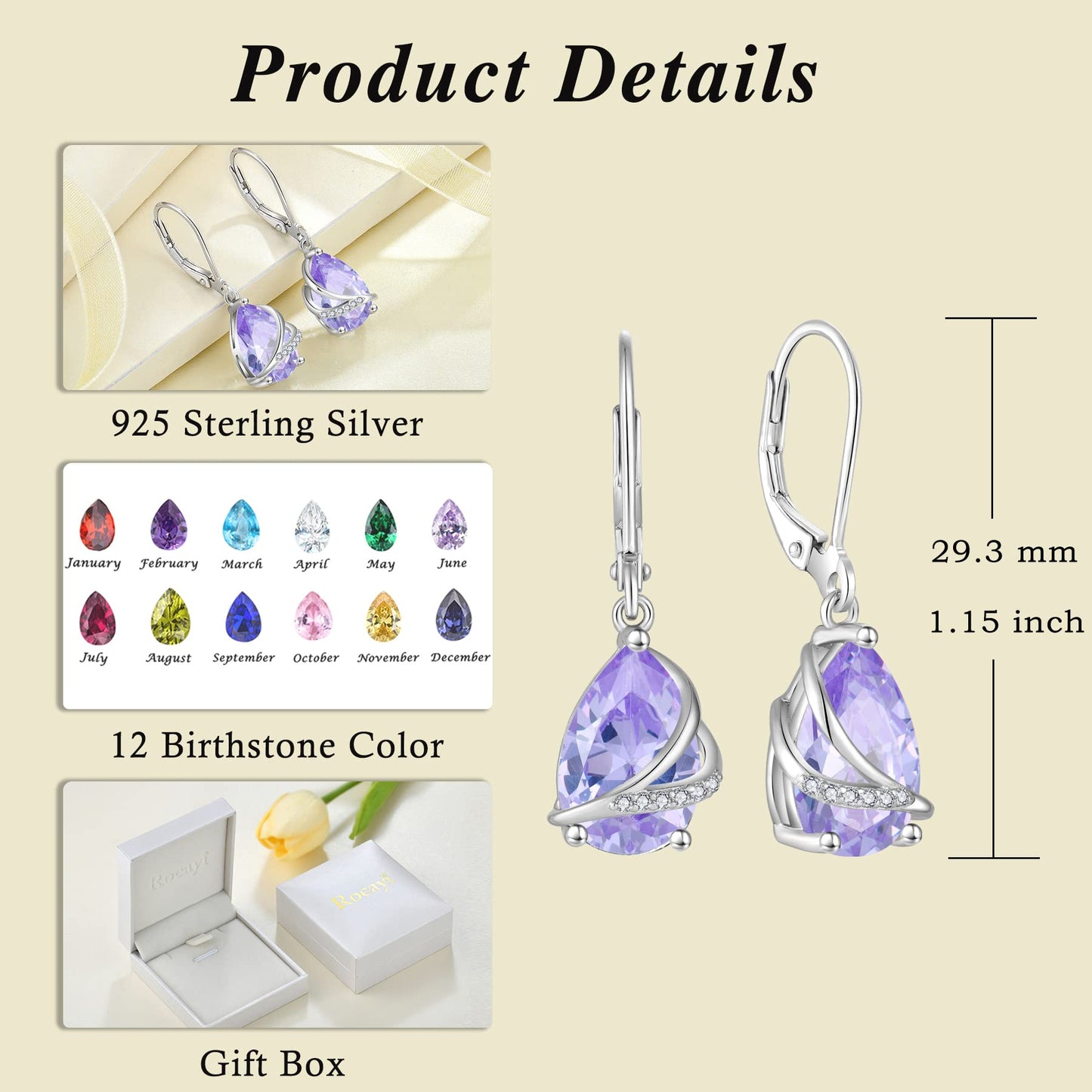 Rocayi Teardrop Alexandrite Earrings 925 Sterling Silver Dangle Drop Earrings June Birthstone Jewelry for Women