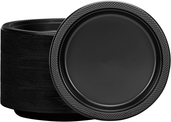 Hanna K. Signature Collection Black Plastic Plates 7 Inch - 600 count Solid Round Party For Weddings, BBQs, Birthday Disposable Dessert (81070 (case))
