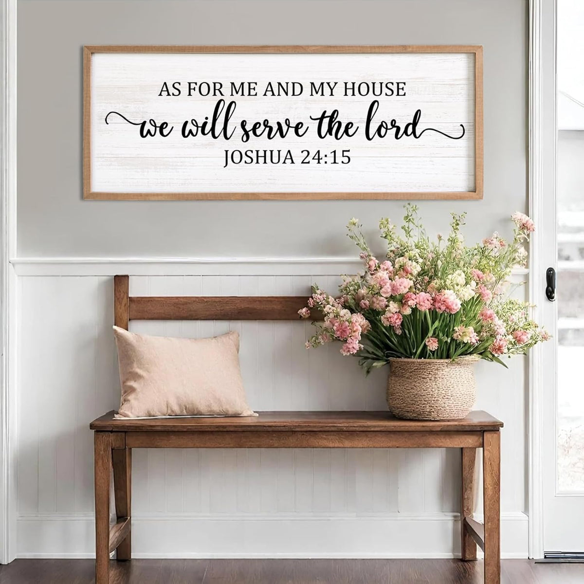 As For Me And My House We Will Serve The Lord Framed Wall Art, 40''×15'' Horizontal Positive Religious Rustic Bible Verse for Christian God Jesus Christ Prayer, Vintage Holy Catholic Scripture Decor