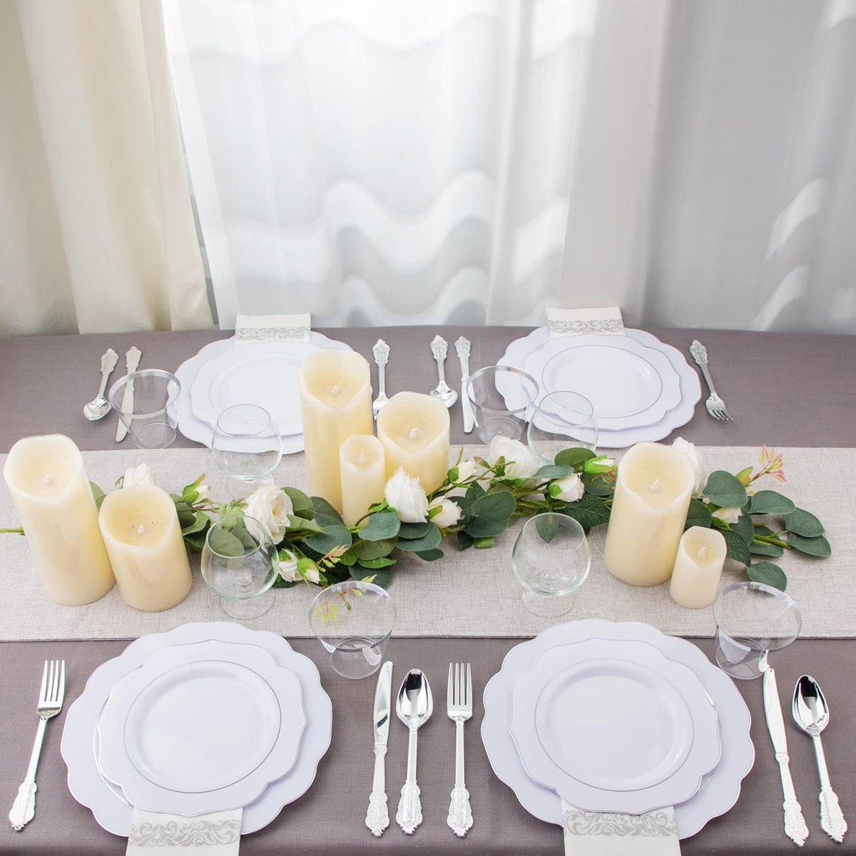 NOCCUR 175pcs Silver Plastic Plates - Silver Rim Plastic Tableware Include 25 Dinner/Dessert Plates, 25 Forks, 25 Knives, 25 Spoons for Wedding/Party/Christmas
