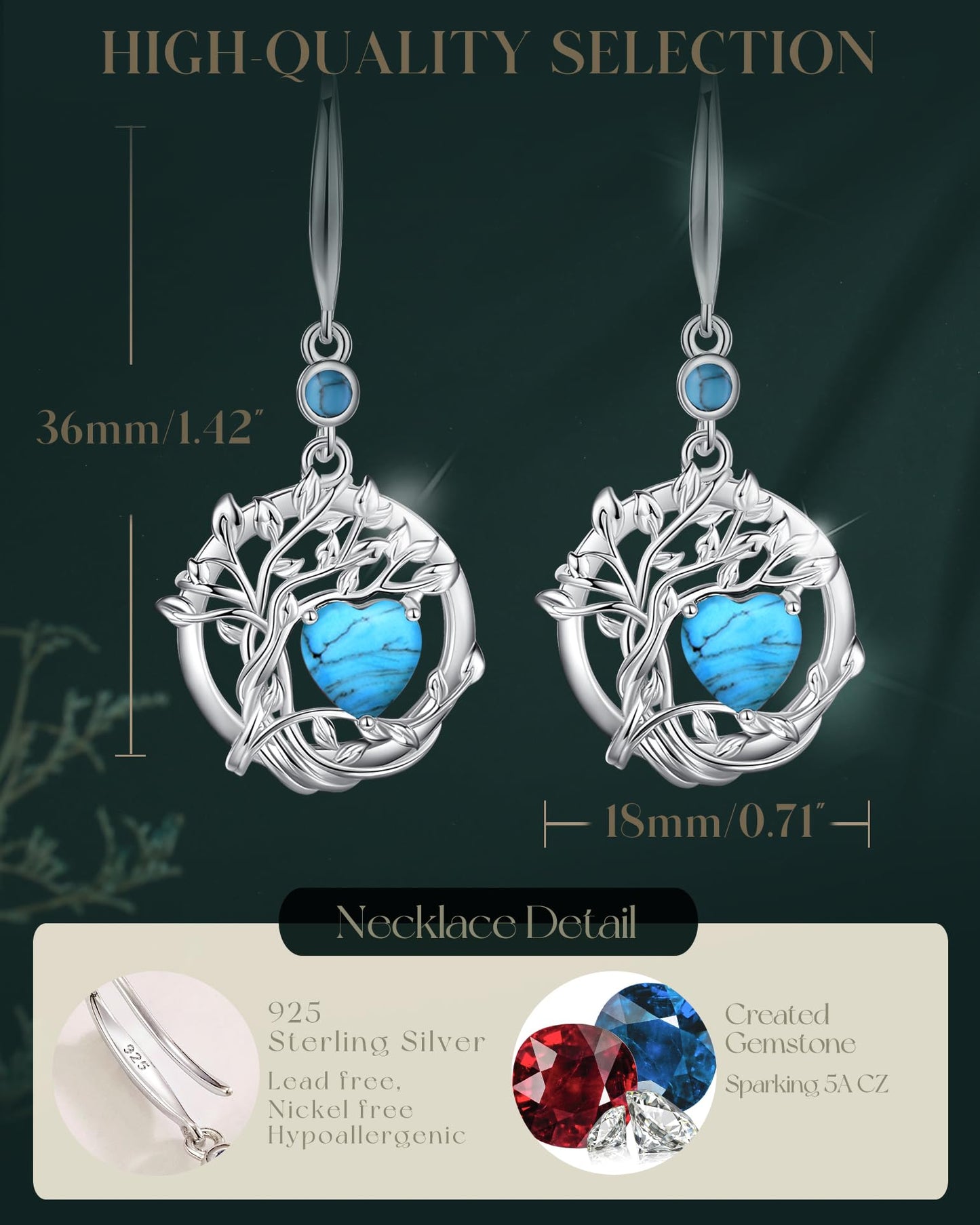 FANCIME Tree of Life Earrings 925 Sterling Silver Dainty Turquoise Dangle Drop Gemstone Earring December Birthstone Fine Jewelry Birthday Mothers Day Gifts for Mom Her Women