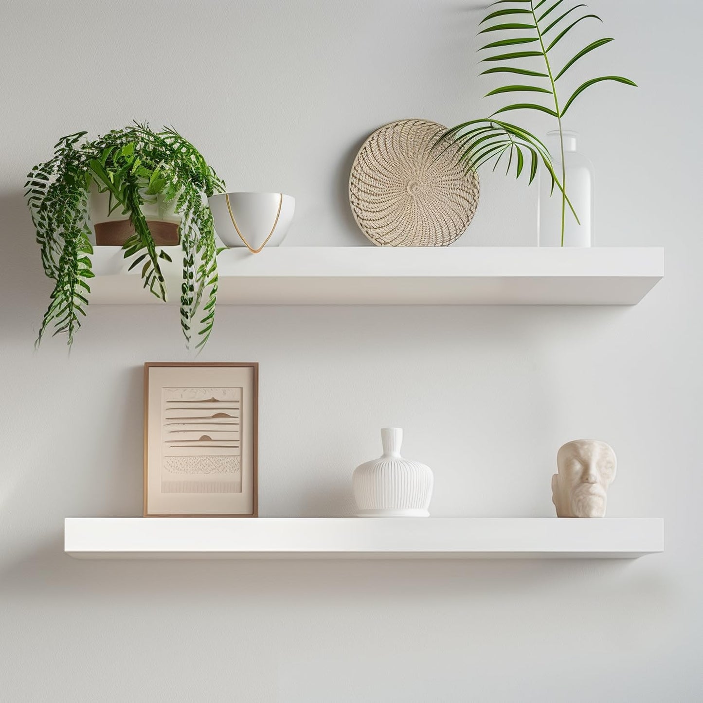 INHABIT UNION White Floating Shelves for Wall-24in Wall Mounted Display Ledge Shelves Perfect for Bedroom Bathroom Living Room and Kitchen Decoration Storage (Set of 2)