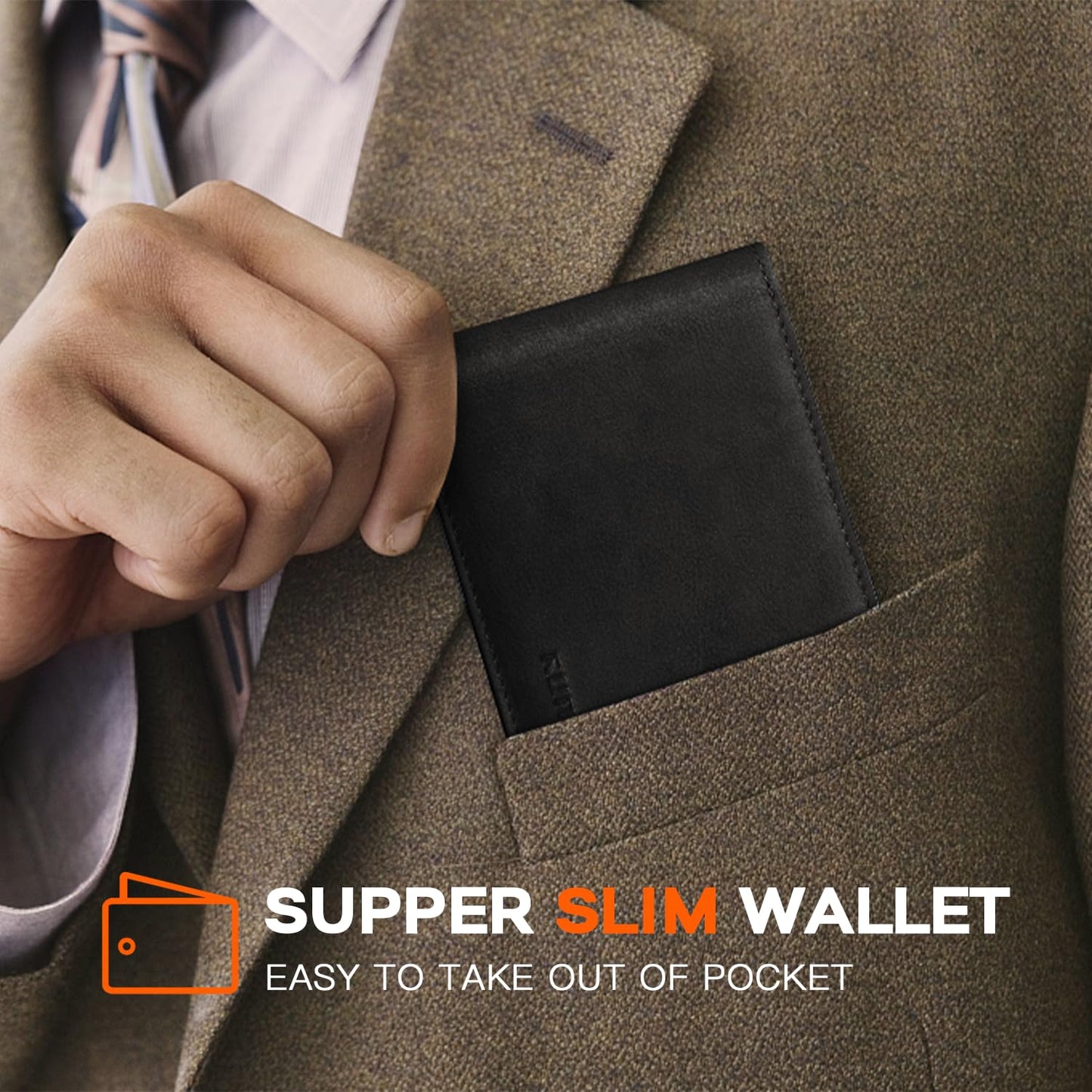 RUNBOX Wallet for Men Slim Leather Bifold RFID Blocking Minimalist Front Pocket Design with Gift Box
