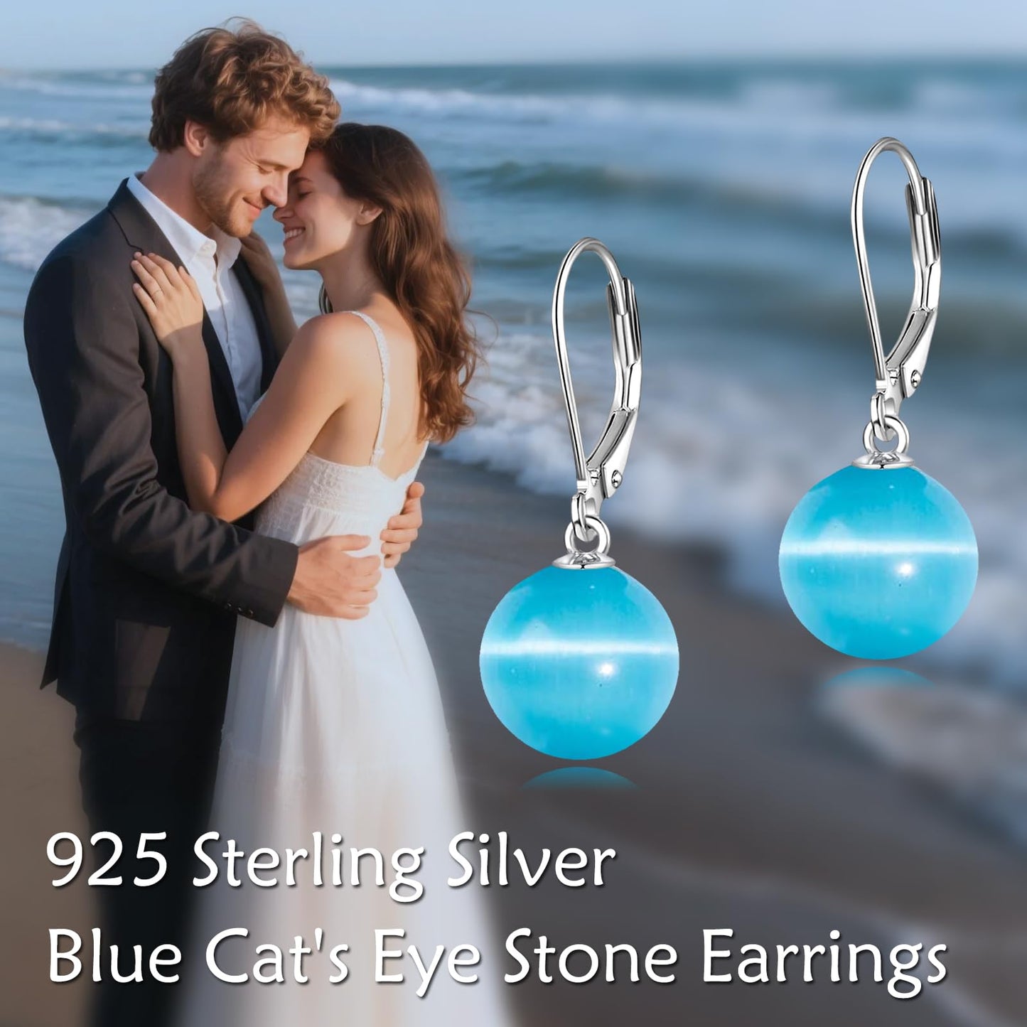 925 Sterling Silver Pearl Leverback Earrings Dangle Drop Jewelry Gifts for Women (Blue Cat's Eye)