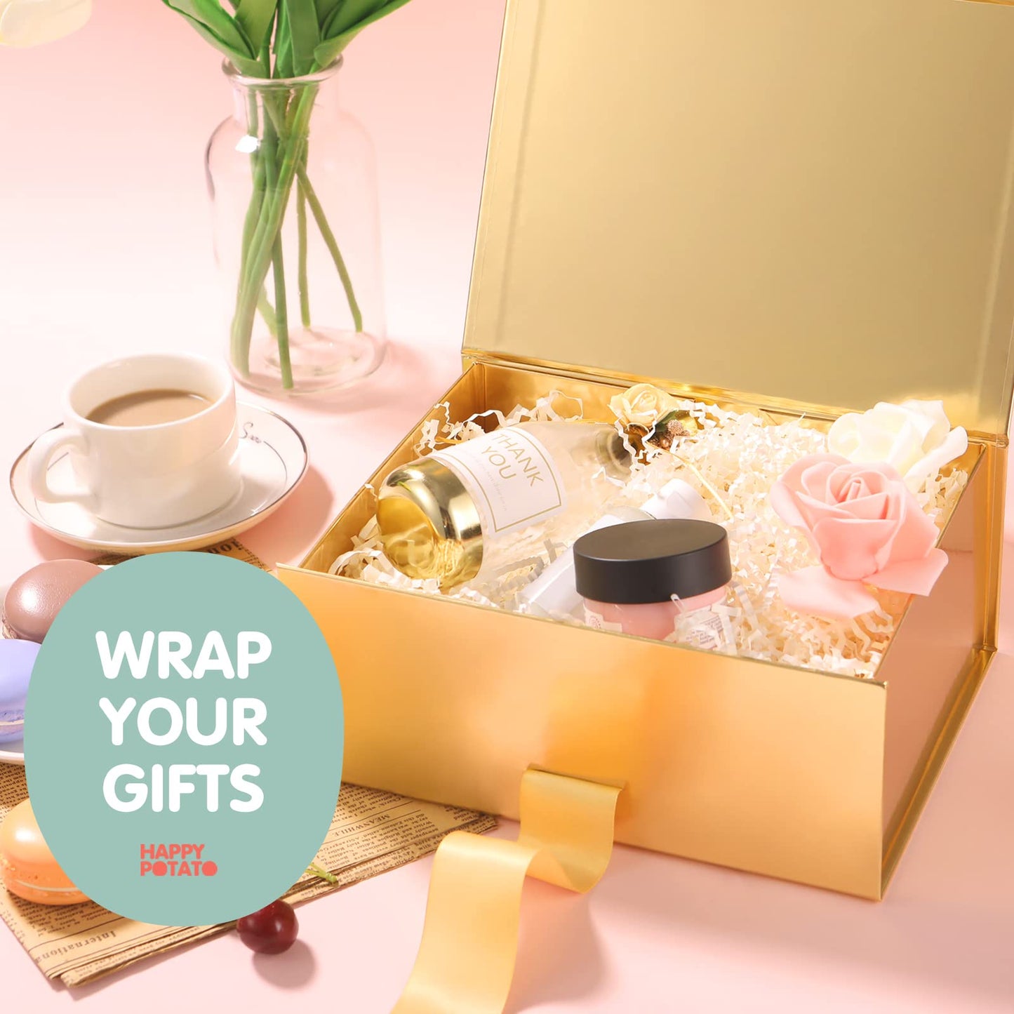 HAPPY POTATO 5 Gift Boxes with Ribbon 9x6.5x3.8 Inches, Gold Gift Boxes with Lids, Collapsible Boxes, Magnetic Closure Boxes for all occasion (Glossy Gold, Pack of 5)