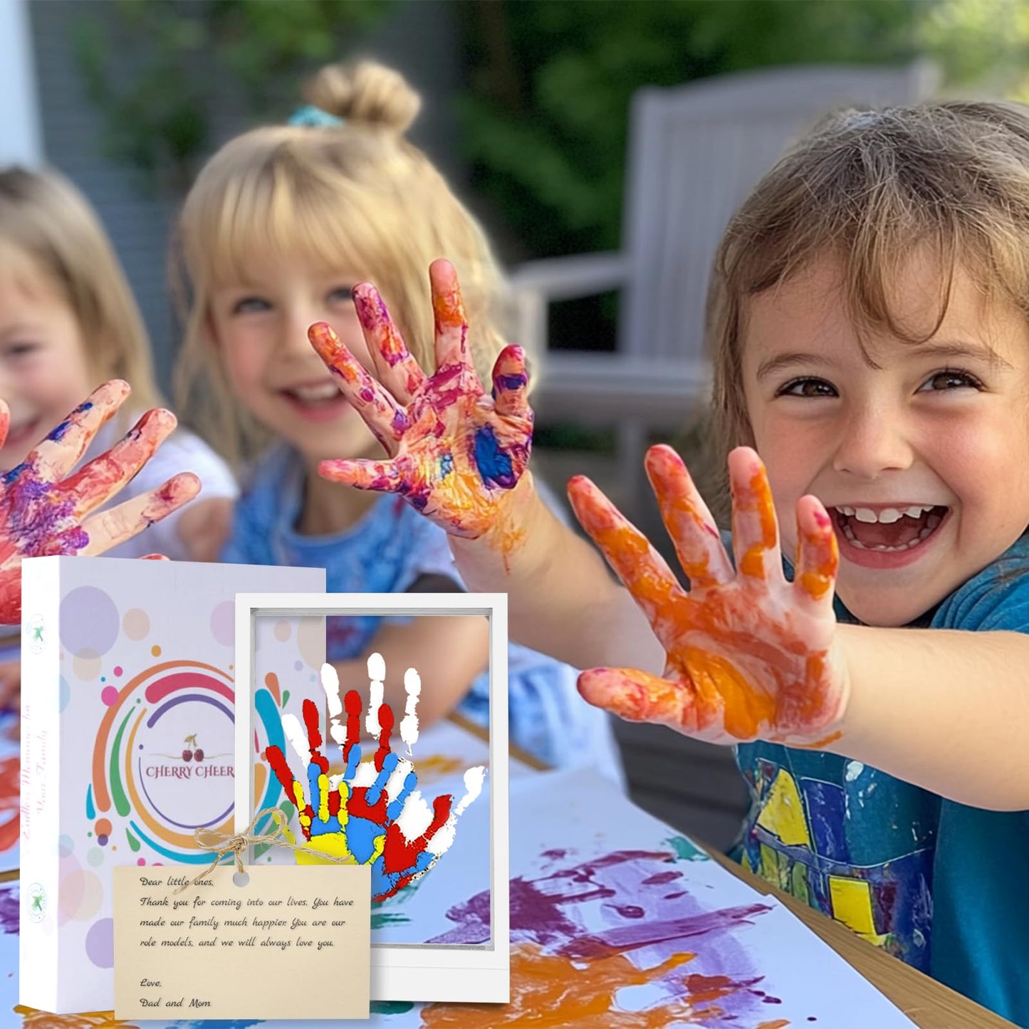 CHERRY CHEERS Family Handprint Kit with Light, Handprint Keepsake Frame, Wooden Led Light, Easy Install, No Need Screw etc, Non-Toxic Paints (White)