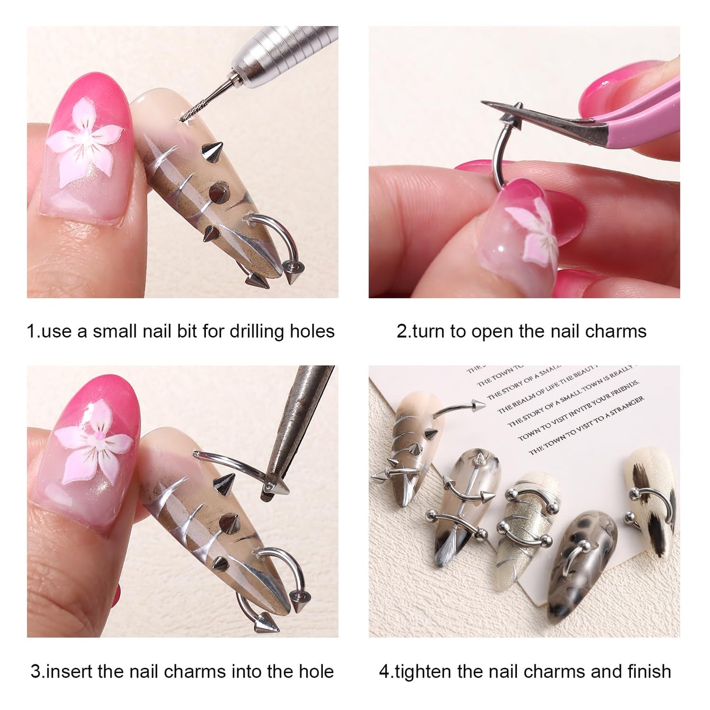 Furtherpretty Piercing Nail Charms Set, 3D Silver Alloy Goth Punk Nail Art Decorations, Triangle Spike Rivets & Metal Rings, Y2K Pierced Nail Charms for DIY Manicure & Salon Accessories