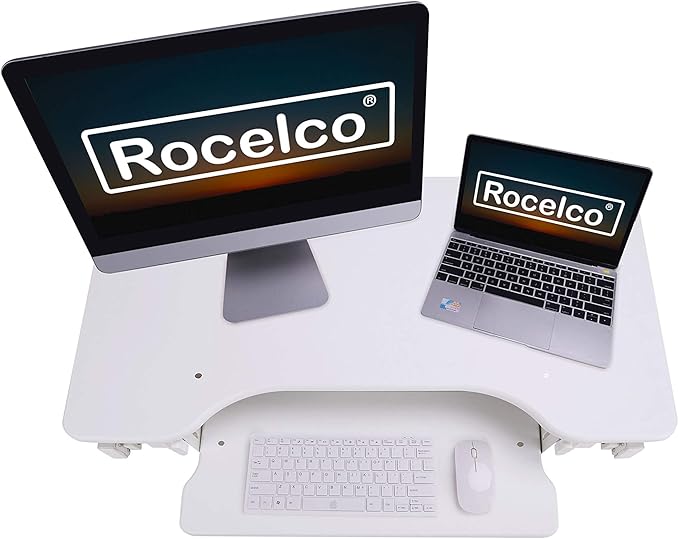 Rocelco 32" Height Adjustable Standing Desk Converter - Sit Stand Computer Workstation Riser - Dual Monitor Retractable Keyboard Tray Gas Spring Assist - Black (R EADRW)