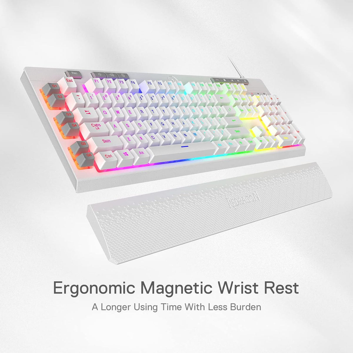 Redragon K512 Shiva RGB Backlit Membrane Gaming Keyboard with Multimedia Keys, Linear Mechanical-Feel Switch, 6 Extra On-Board Macro Keys, Dedicated Media Control, Detachable Wrist Rest, White