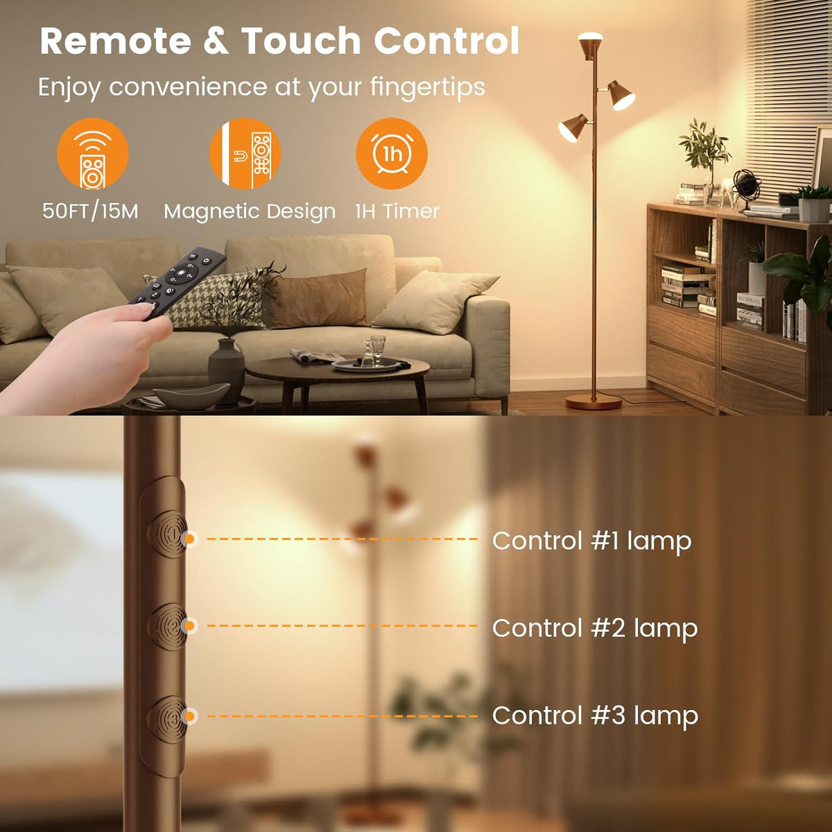 36W LED Tree Floor Lamp, Dimmable Tall Standing Lamp with Remote & Touch Control, 4 Color Temperatures Bright Floor Lamp, 3 Rotatable Light Modern Floor Lamps (Brown)