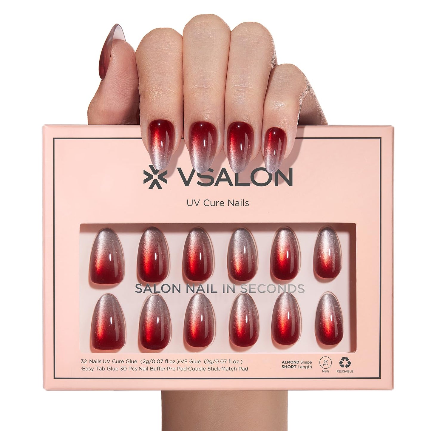 VSALON Press On Nails Short Almond, Cherry Red Cat Eye Spring Glue on Ombre Chrome Fake Nails With UV Cure Glue, Reusable Salon Quality Summer Stick On Nails False Nails Kit, 32 Pcs 16 Sizes