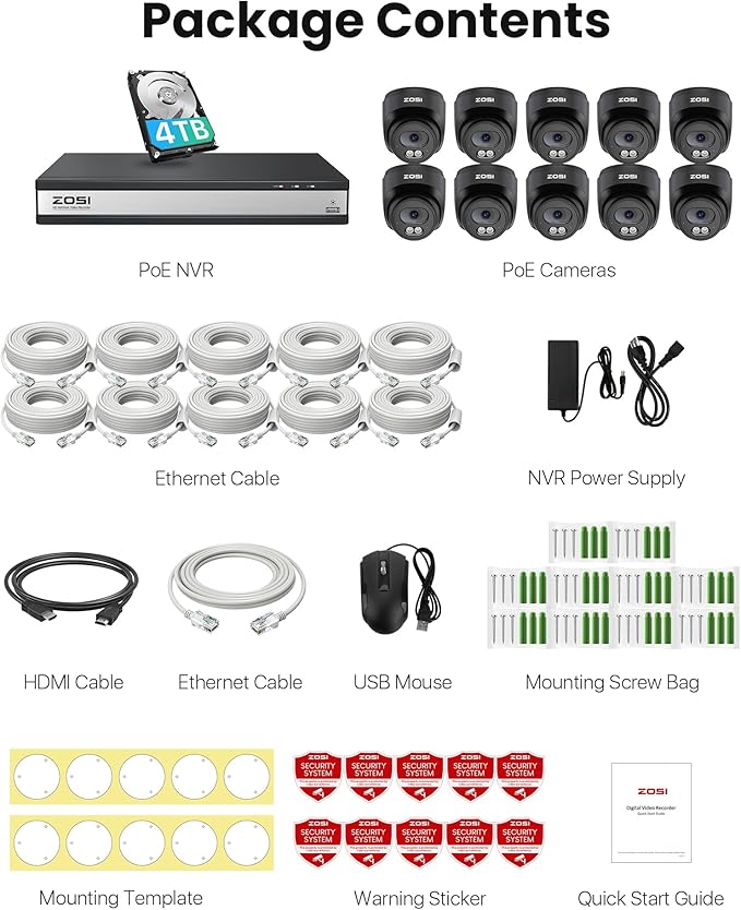 ZOSI C220 16CH 4K PoE Home Security Camera System, 16 Channel 4K 8MP NVR with 4TB HDD for 24/7 Record, 10 x 4MP(1440p) QHD 2.5K Dome IP Cameras Outdoor Indoor, Smart AI Human Detection, Two-Way Audio