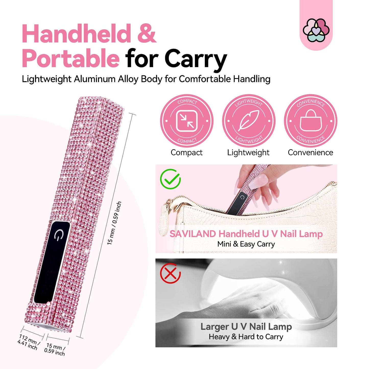 SAVILAND Glitter UV Light for Gel Nails: Pink 12W LCD Screen Handheld UV Nail Lamp 8X-Faster Cure LED Flash Cure Lamp for Gel Nails Flash Cure Light for Home Salon Use