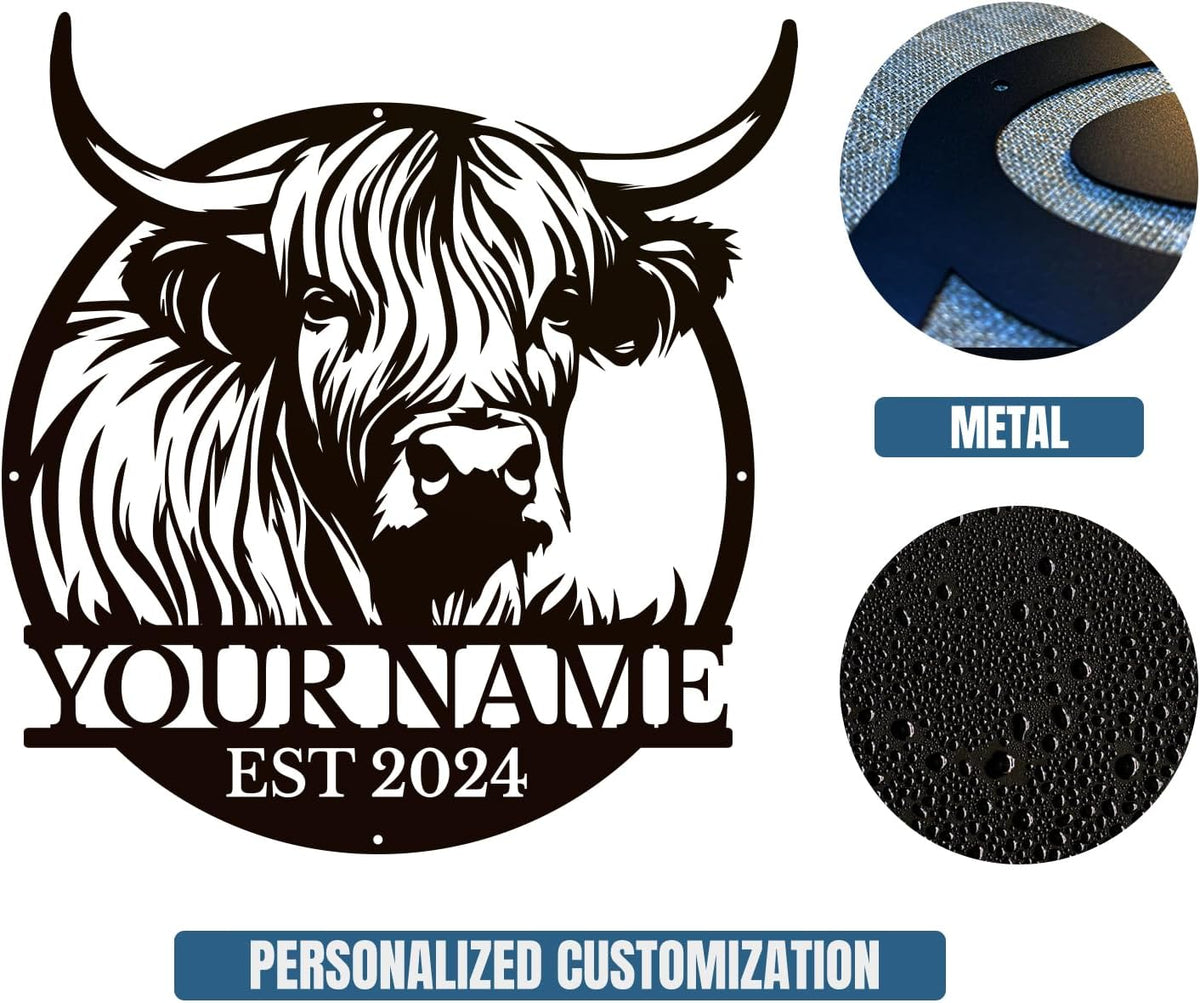 Personalized Highland Cow Name metal Signs,Custom Highland Cow Metal Shed Wall Decor,Black Metal Wall Art Plaques Outdoor wall Decorative Signage (Style F)