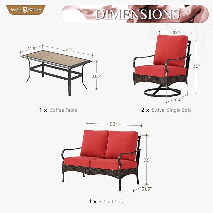 Sophia & William Patio Furniture Set, 4 Piece Metal Outdoor Conversation Set with 2-Seater Outdoor Couch, 2 Swivel Chairs, 1 Coffee Table for Outdoor Seating, Backyard, Porch(Red)
