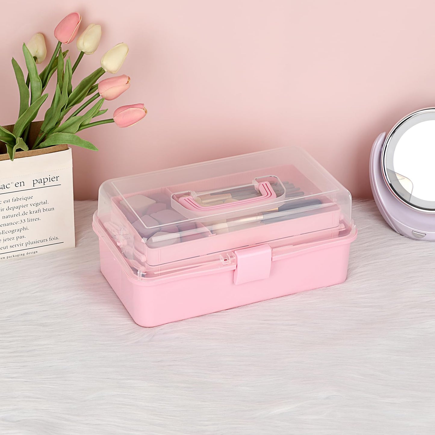 BTSKY 3-Layer Plastic Dividing Storage Box Craft Organizer and Storage with Adjustable Spacers Portable Handled Art Supply Organizer Multipurpose Home Utility Box Organizer (Pink)