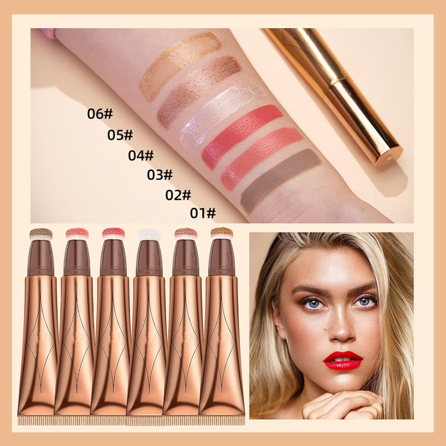 3PCS Body&Face Creamy Contour Beauty Stick,Face Blush Wand with Cushion Applicator,Shimmer Liquid Highlighter Makeup Stick,Long Lasting and Water-resistant Smooth Moisturize Gliding Face Makeup.#136