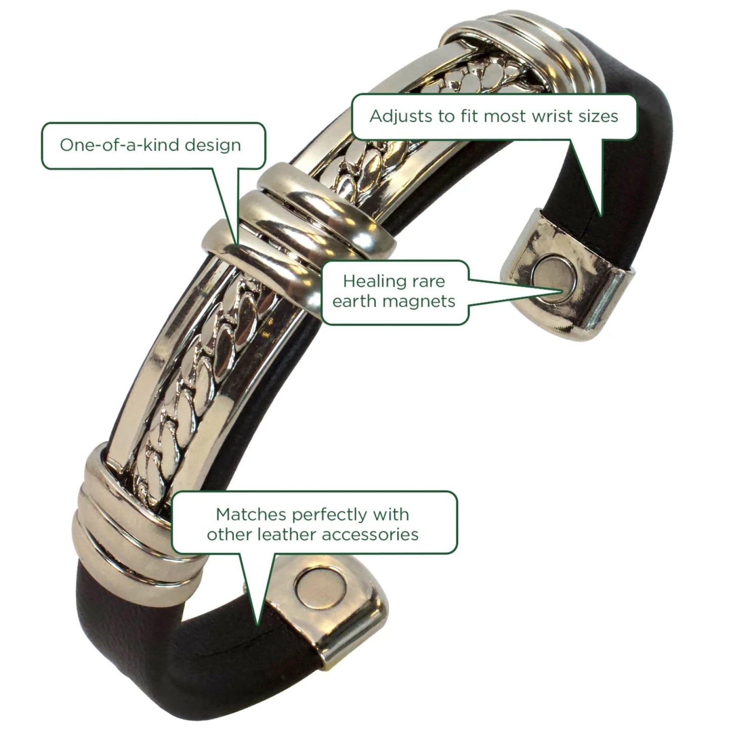 Chain Pattern Silver Leatherette Copper Magnetic Healing Bracelet - Motorcycle Bracelet for Men and Women - Adjustable Sizing