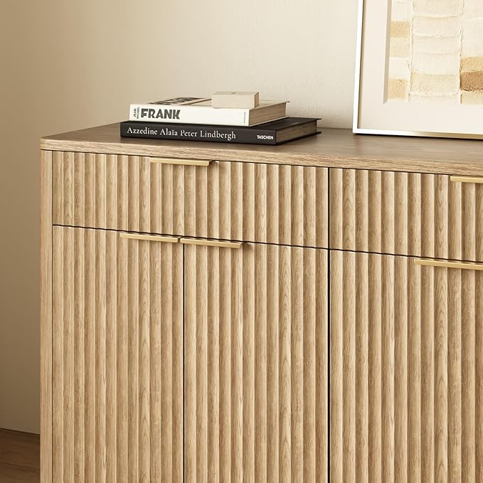 Evermagin 67" Fluted Oak Sideboard Buffet Cabinet with 3 Drawers, Modern Credenza with Storage, Console Coffee Bar Cabinet for Kitchen, Living Room and Entryway (67" W x 31.5" H x 15.7" D)