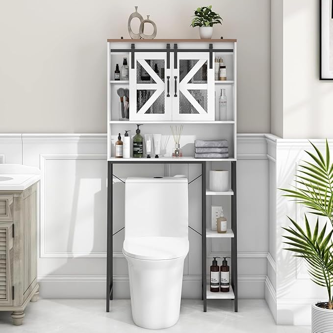 Over The Toilet Storage Cabinet, Farmhouse Storage Cabinet Over Toilet with 2 Sliding Barn Door,Home Space-Saving Toilet Rack, for Bathroom, Restroom, Laundry(White).