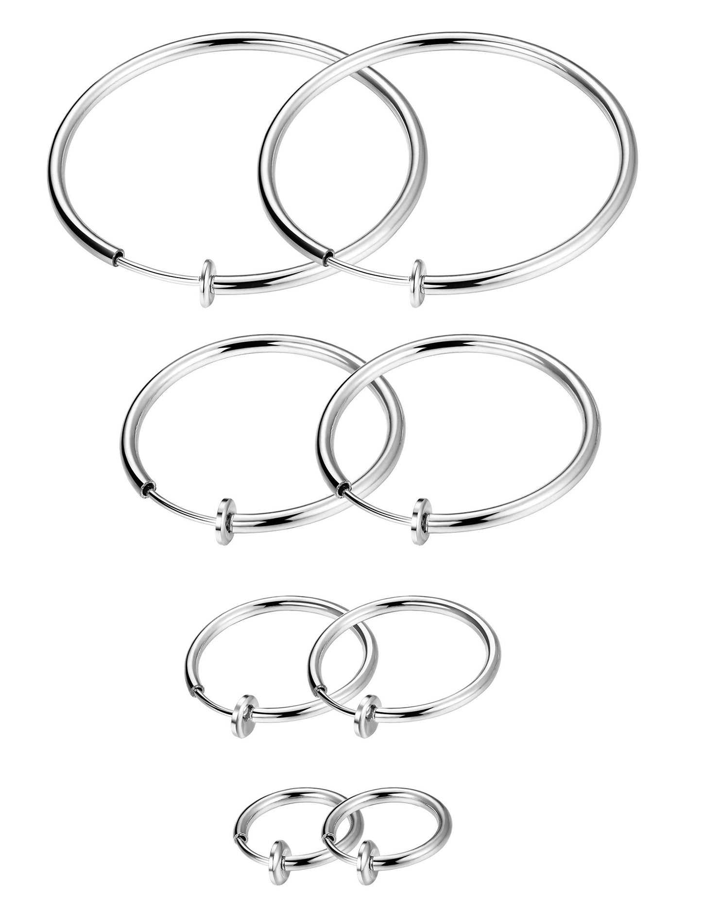 Stainless Steel 4 Pairs Set Clip On Hoop Earrings for Women Men Non Pierced Earrings Silver Set