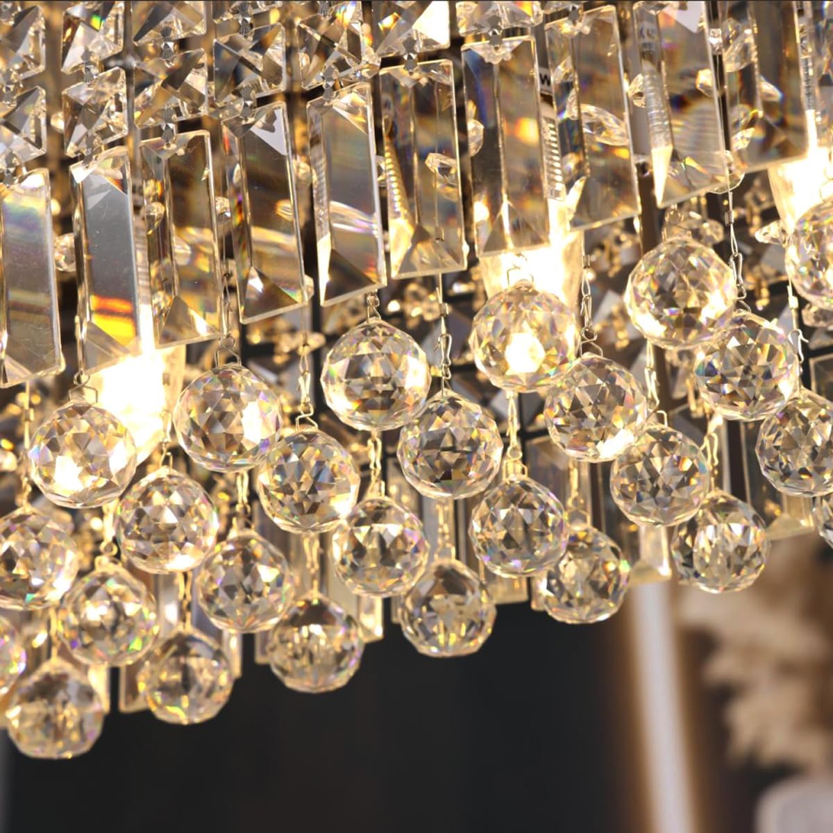 Modern Crystal Chandelier, 6 Lights Luxury Gold Rectangular Flush Mount Ceiling Light, Dining Room Light Fixture, Rectangle K9 Crystal Raindrop Chandelier for Living Room Bedroom L31.5 Inch