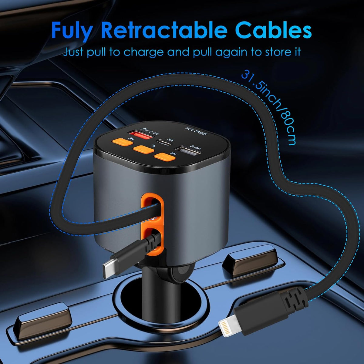 Retractable Car Charger,5 in 1 Fast Car Phone Charger 90W,Bluetooth 5.3 FM Transmitter Adapter,Handsfree Call,2 Retractable Cables and USB Cars Chargers for iPhone 15/14/13 (Black)